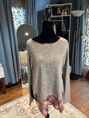 Hem & Thread Gray Knit Sweater with Red and Blue Plaid Hem